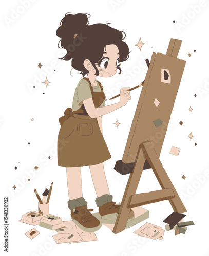 Bright Cartoon Artist Painting on Canvas with Creative Tools and Fun Elements