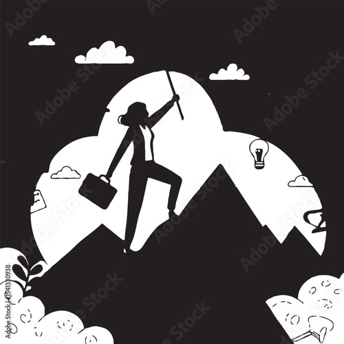 Businesswoman Reaching the Summit: A determined businesswoman silhouette, briefcase in hand, stands triumphantly atop a mountain peak, symbolizing success and ambition.