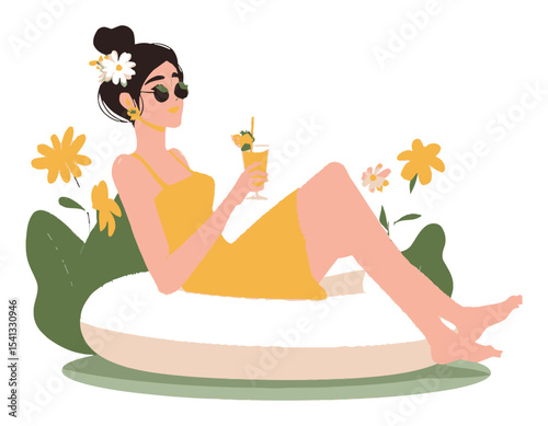 Woman Relaxing with Drink in Yellow Dress Surrounded by Flowers and Greenery