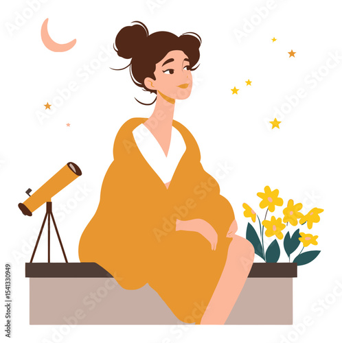 Woman in Blanket Gazing at Stars with Telescope and Flowers in Cartoon Style