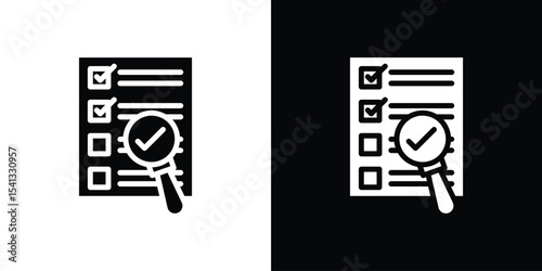 Document verification icon in flat black solid vector set