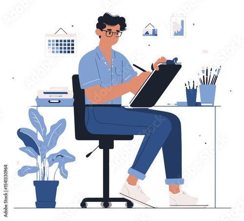 Creative Professional Working on Illustrations in a Modern Office Space