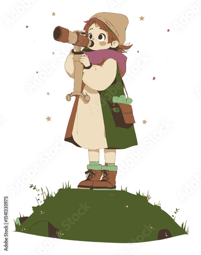 Girl with Telescope on Hilltop in Cartoon Style Vector Illustration
