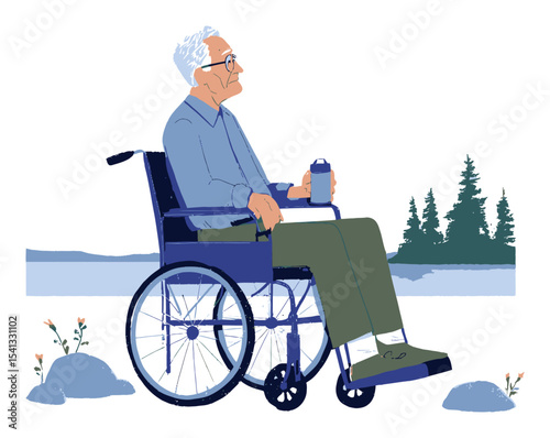 Senior Man in Wheelchair Enjoying Nature in Cartoon Vector Art Style