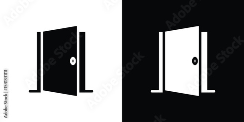 Door open icon in flat black solid vector set