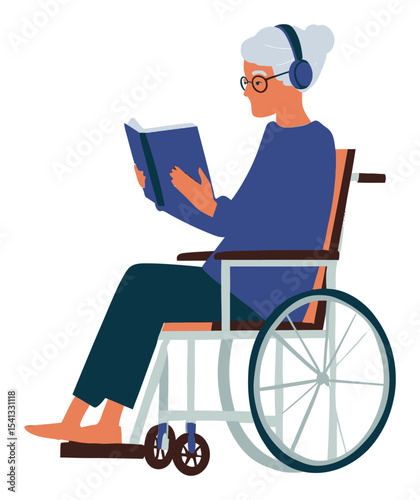 Senior Woman Listening to Audiobook While Sitting in Wheelchair