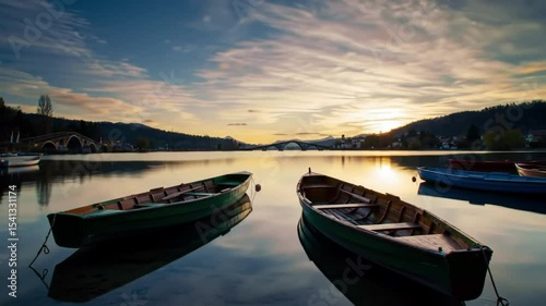 Two boats on calm water gleam in the golden sunlight of a beautiful sunset