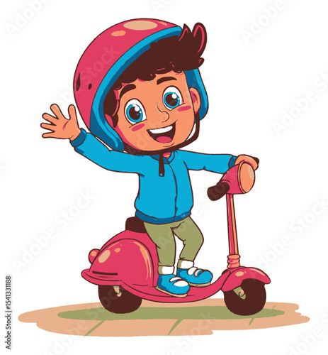 Happy Child Riding a Colorful Scooter with a Joyful Expression