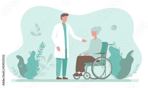Medical professional assisting elderly patient in wheelchair in calm setting