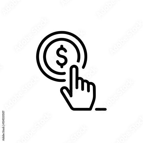 Hand touching a dollar coin icon in black and white design on transparent background , no background 