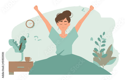 Young Woman Stretching in Bed with Calm Environment and Green Elements