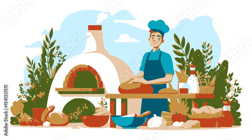 Chef Preparing Bread in Cozy Kitchen with Oven and Fresh Ingredients