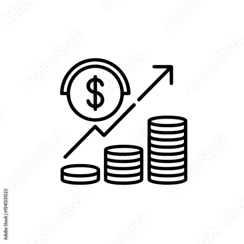 Outline illustration of money growth with coins and arrow on transparent background , no background 
