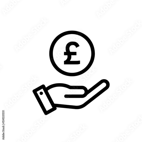 Hand holding a pound coin icon in black and white outline on transparent background , no background 