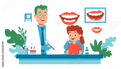 Dentist and Child Smiling in a Colorful Dental Office with Tooth Models