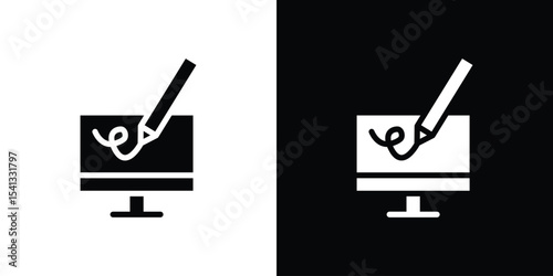 Electronic signature icon in flat black solid vector set