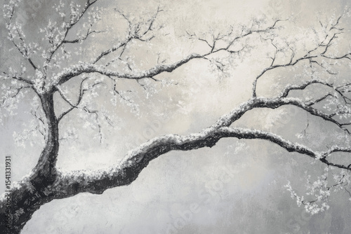 Snow-covered cherry blossom branches in minimalist winter style