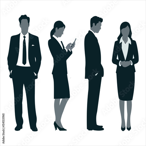 A collection of silhouettes representing professionals in business attire. This design captures the essence of corporate environments and teamwork.