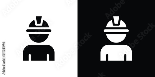 Engineer icon in flat black solid vector set