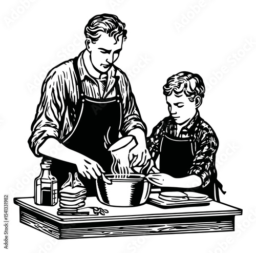 Father and Son Cooking Together in Kitchen with Traditional Cooking Tools