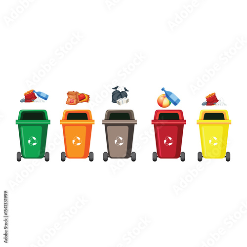 plastic pollution and Rubbish bins in five different colors illustration