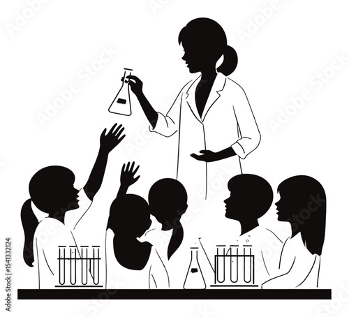 Female Scientist Teaching Students in Laboratory Setting with Beakers and Flasks