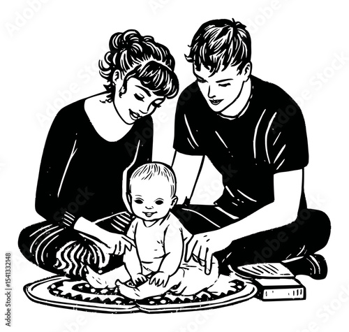 Loving Parents Engaging with Happy Baby on Floor in Abstract Style Illustration