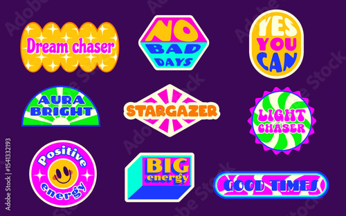 Y2k sticker shape collection on purple background - bright neon badges with motivational text in retro geometric forms. Vibrant 2000s aesthetic labels for nostalgic digital designs and scrapbooking.