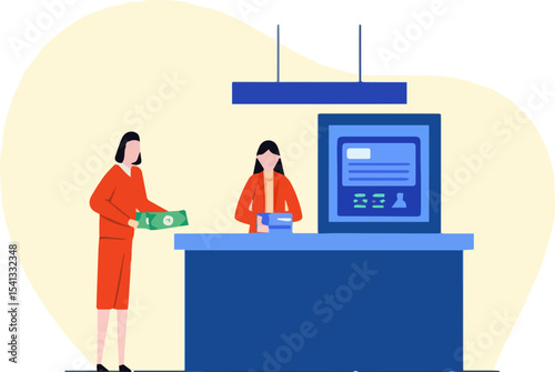 Create a Cash withdrawal set. Customer in bank office near cash department window give money deposit to bank teller and get banknotes from ATM. Payments concept. vector art with white background.
