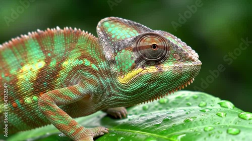 Colorful chameleon rests calmly on a vibrant green leaf in a lush environment