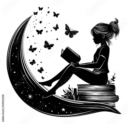 Silhouette of Girl Reading on Moon with Butterflies and Stars in Abstract Style