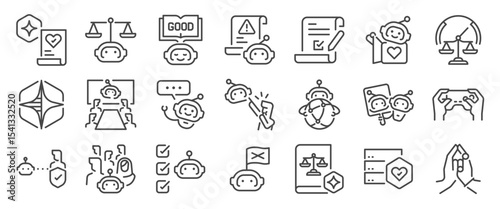 ai governance and ethics icon set. It included moral, law, guide, justice, regulation, and more icons. Editable Vector Stroke.