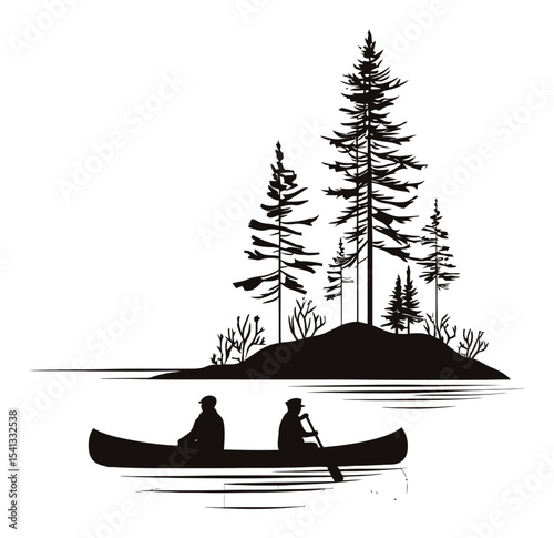 Abstract Hand Drawn Illustration of Two People in Canoe on Lake