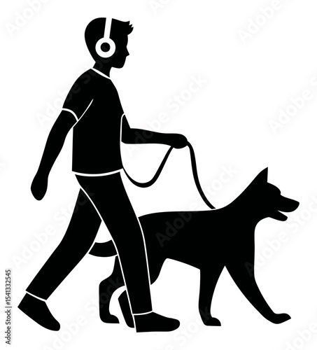 Abstract Illustration of a Person Walking a Dog with Headphones in Black Silhouette