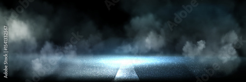 Dark road scene with glowing asphalt strip and dense smoke clouds - dramatic race track atmosphere for motorsport competition, nighttime racing event backdrop and speed championship presentation.