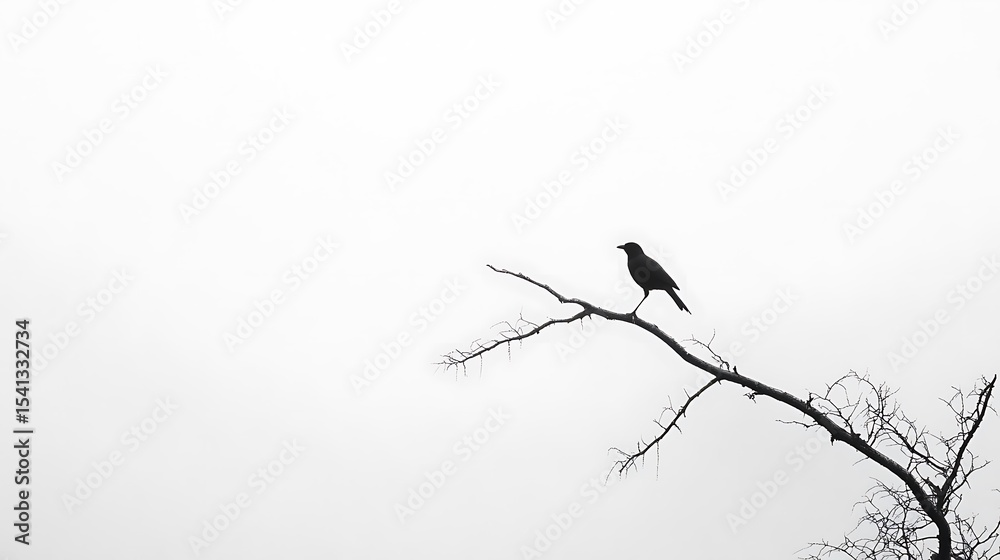 Silhouette of a bird on a bare tree branch against a hazy sky. Silhouette of a bird on a bare tree branch against a hazy sky.