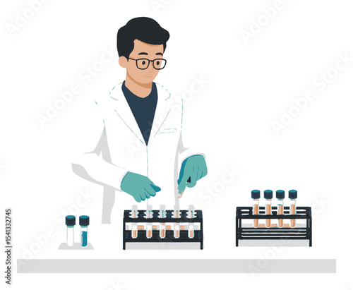 Scientist in Lab Coat Performing Experiment with Test Tubes and Pipette