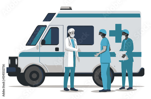 Medical Professionals Interacting by Ambulance in Flat Design Style