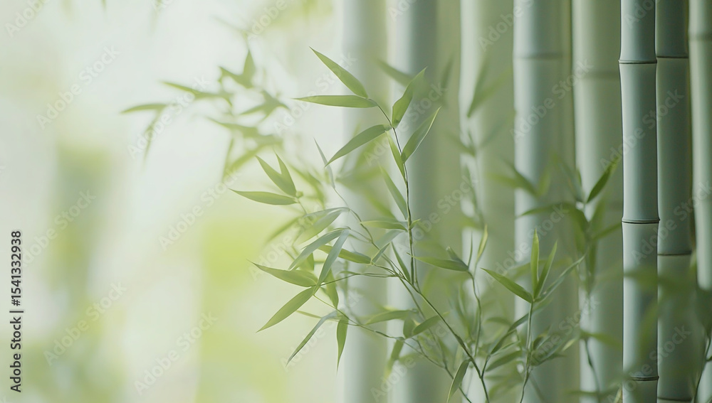 Fototapeta premium Bamboo Shoots and Leaves Against White Bamboo Panel with Soft Green Landscape Blur