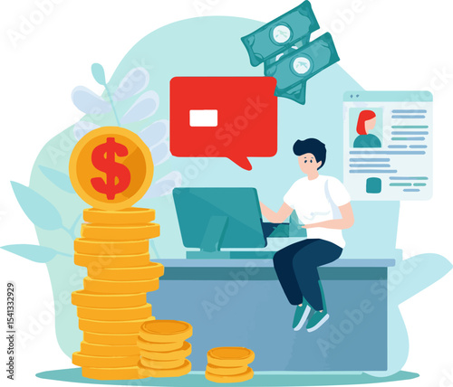 Create a Cash withdrawal set. Customer in bank office near cash department window give money deposit to bank teller and get banknotes from ATM. Payments concept. vector art with white background.