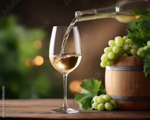 White wine is being poured from a bottle into a glass next to grapes in a wooden barrel on a wooden table