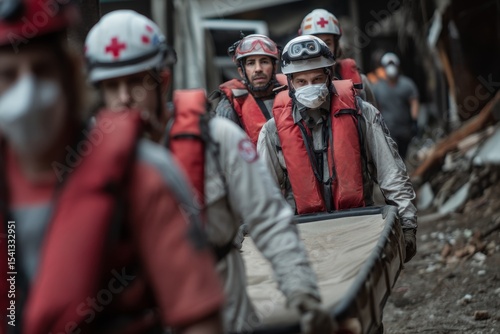 A team of dedicated medics is engaged in urgent triage efforts in a disaster zone, assessing and prioritizing victims amidst rubble and debris, focusing on life-saving measures