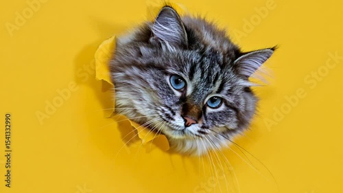 Favorite Pets. A fluffy cat of with an attentive intelligent look looks out of a torn hole in the yellow paper
