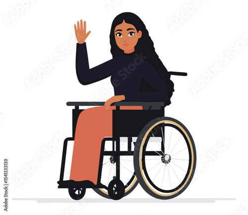 Cartoon Character in Wheelchair with Long Hair Waving Hello and Smiling