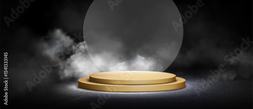 Luxury gold podium with atmospheric smoke effects and illumination - elegant circular platform on dark backdrop for premium product display, award ceremony stage and exclusive brand presentation scene