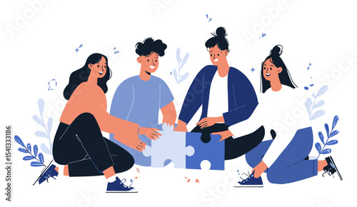 Team Collaboration in Cartoon Style with Friends Solving a Puzzle Together