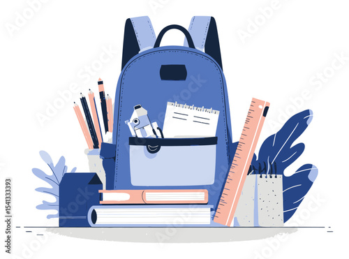 Cute Cartoon Vector Backpack with School Supplies and Stationery Items