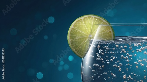 Glass of sparkling water with a slice of lime against a dark blue background featuring numerous bubbles and bokeh effect