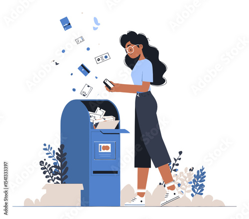 Cartoon Woman Disposing Waste in Recycling Bin with Phone in Hand