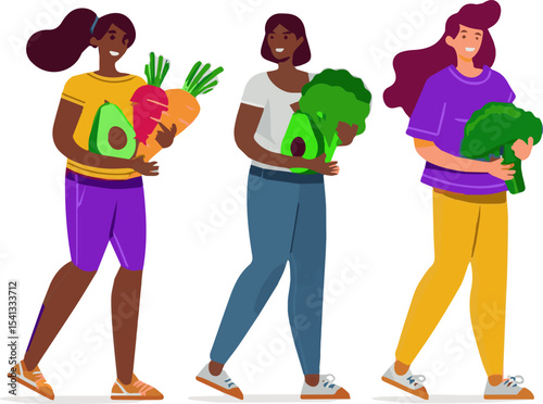 Create a Casual people illustration set. Characters carrying avocado, broccoli, onion and other fresh organic vegetables. Vegetarian eating healthy food. vector art with white background.